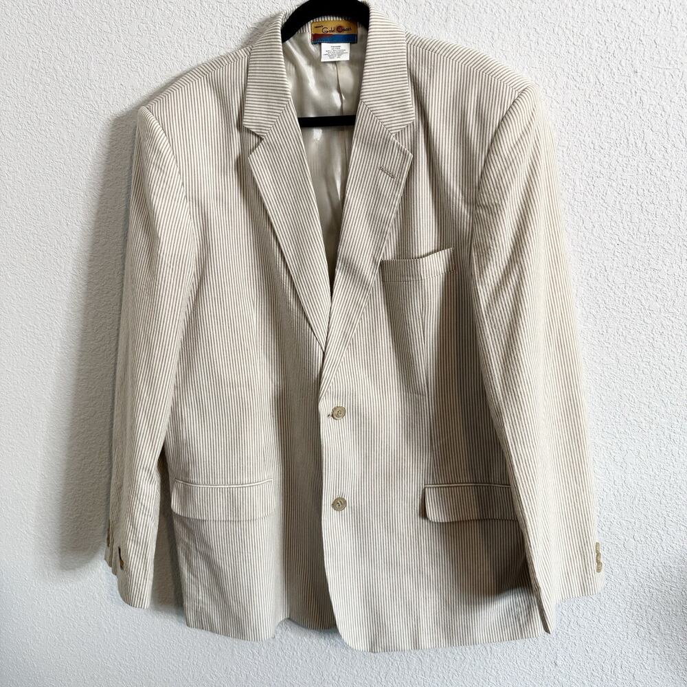 Mens 44L‎ Habands Gold Coast Cotton Tan White Striped 2 Button Sport Jacket